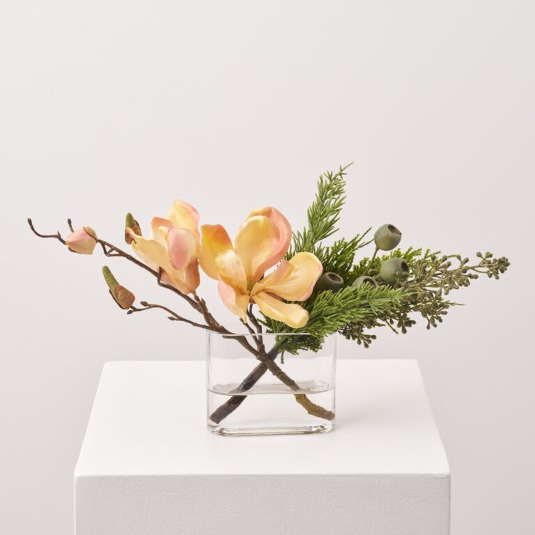 Golden Magnolia Bloom and Bud with Real Touch Cedar Modern Oval Vase - Golden Yellow