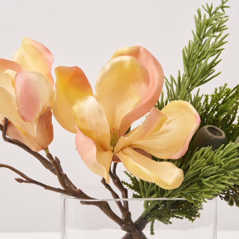 Close-up of vase silhouette detail on this Golden Magnolia Bloom and Bud Modern Oval Vase