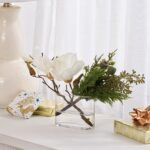 Alternate angle of the White Magnolia Bloom and Bud Modern Oval Vase showing bloom arrangement