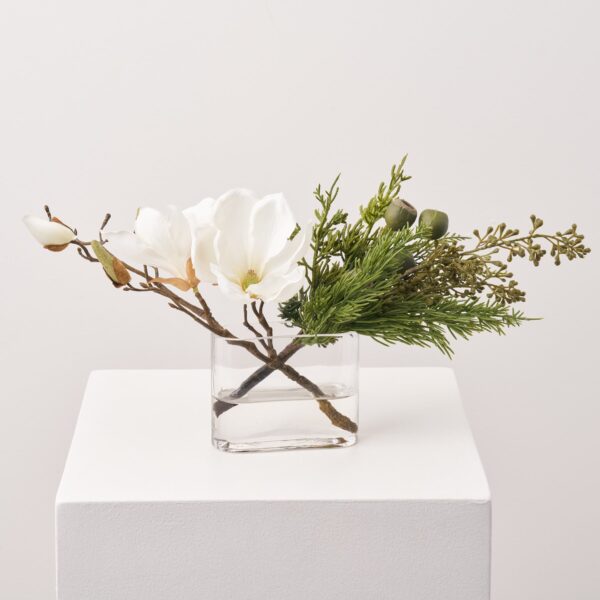 White Magnolia Bloom and Bud with Real Touch Cedar Modern Oval Vase
