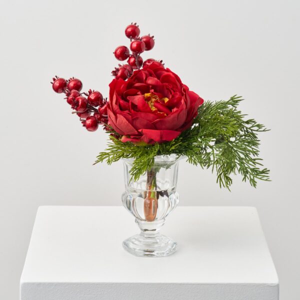 Real Touch Red Peony, Cedar Greenery, Rosehip Berry Water Illusion Arrangement