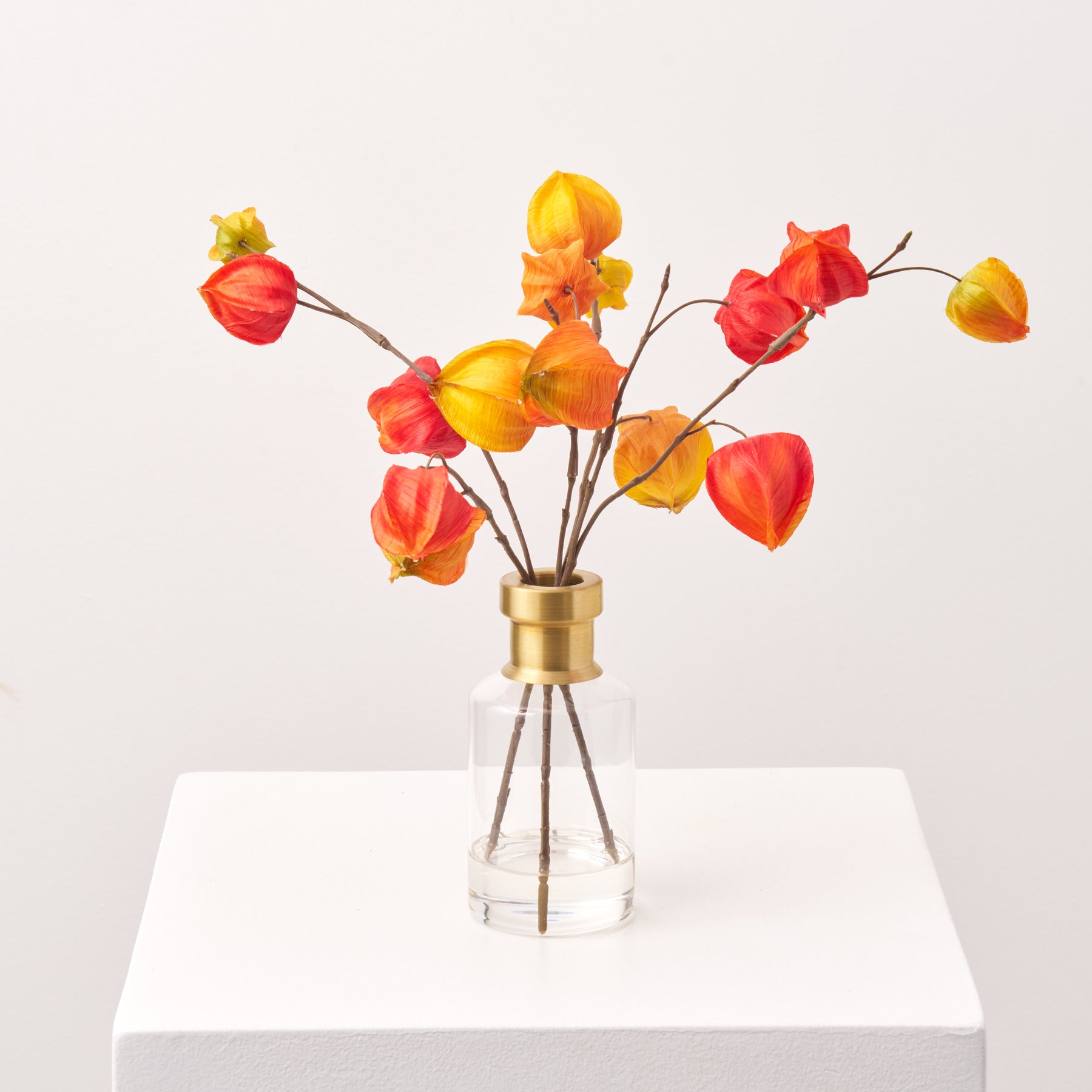 FAR1702OrangeYellowMixedFallChineseLanterninGoldRimBottleVaseAutumnFauxFloralWaterIllusionArrangement_1.jpg Orange and Yellow Mixed Fall Chinese Lantern in Gold Water Illusion Arrangement