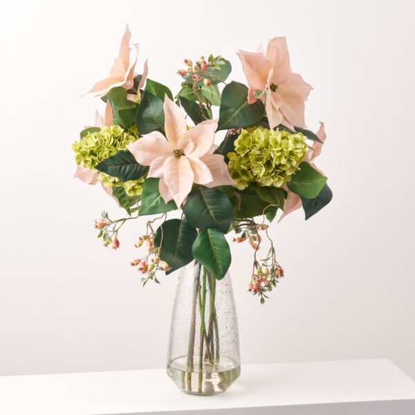 Realistic Blush Pink Poinsettia and Green Panicle Hydrangea Illusion Centerpiece Arrangement