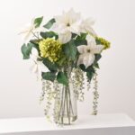 Lifelike White Poinsettia and Green Panicle Hydrangea with Snow Illusion Centerpiece Arrangement