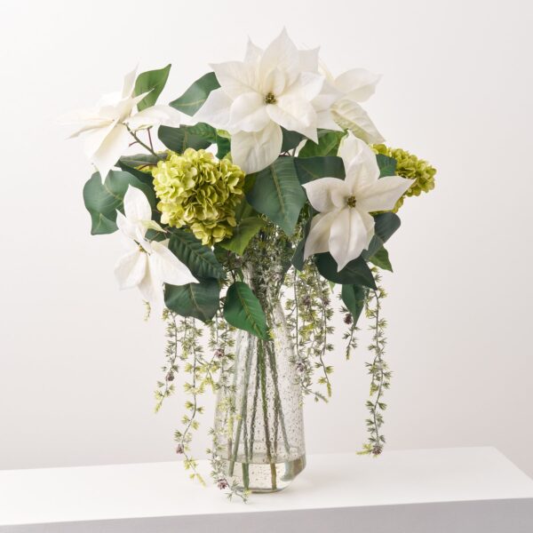 Lifelike White Poinsettia and Green Panicle Hydrangea with Snow Illusion Centerpiece Arrangement