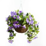 Cascading Purple Petunia Artificial Plant in Round Rattan Hanging Basket - Default Title