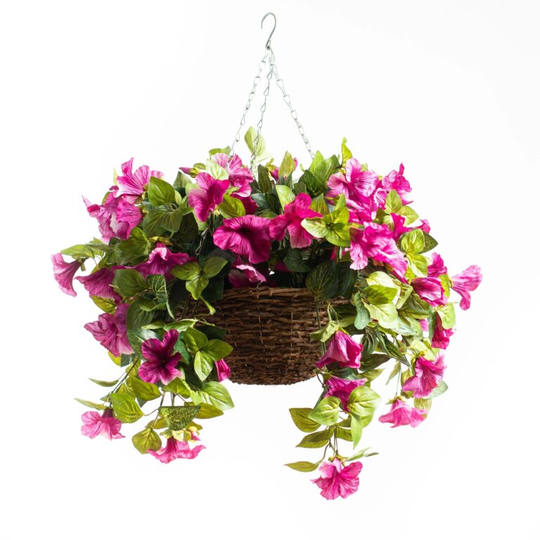 Cascading Magenta Petunia Artificial Plant in Round Rattan Hanging Basket - Magenta