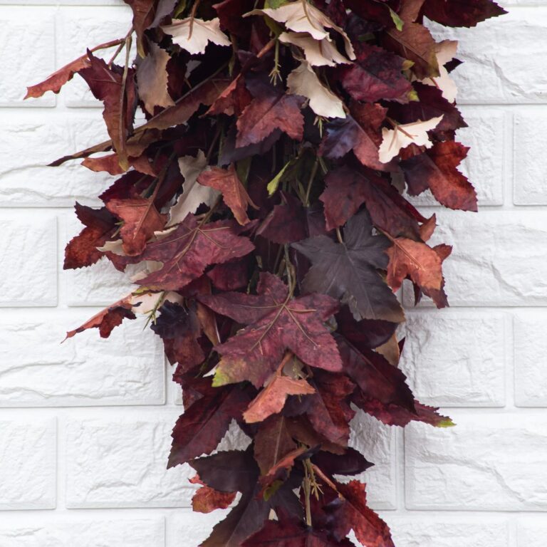 Close-up of swag tail detail on this Maroon Maple Leaf Teardrop Fall Single Swag