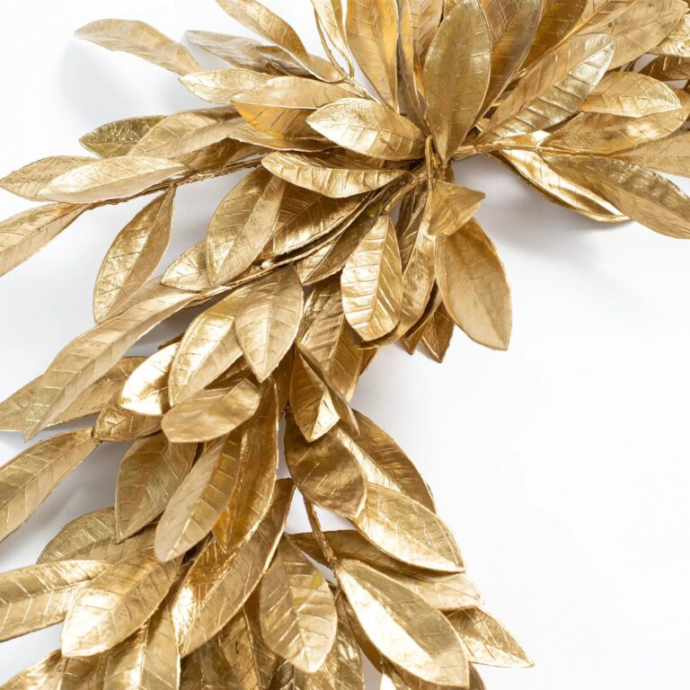 Close-up of swag tail detail on this Antiqued Gold Bay Leaf Christmas Single Swag
