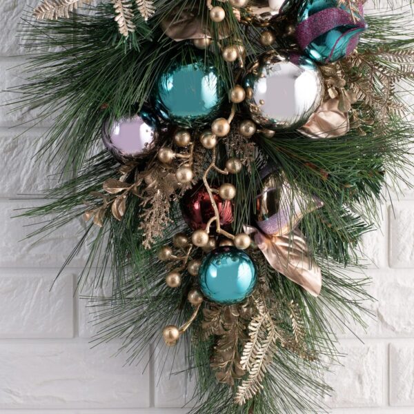 Close-up of swag tail detail on this Vintage Christmas Ornament Teardrop Swag Purple Shatterproof Ornaments