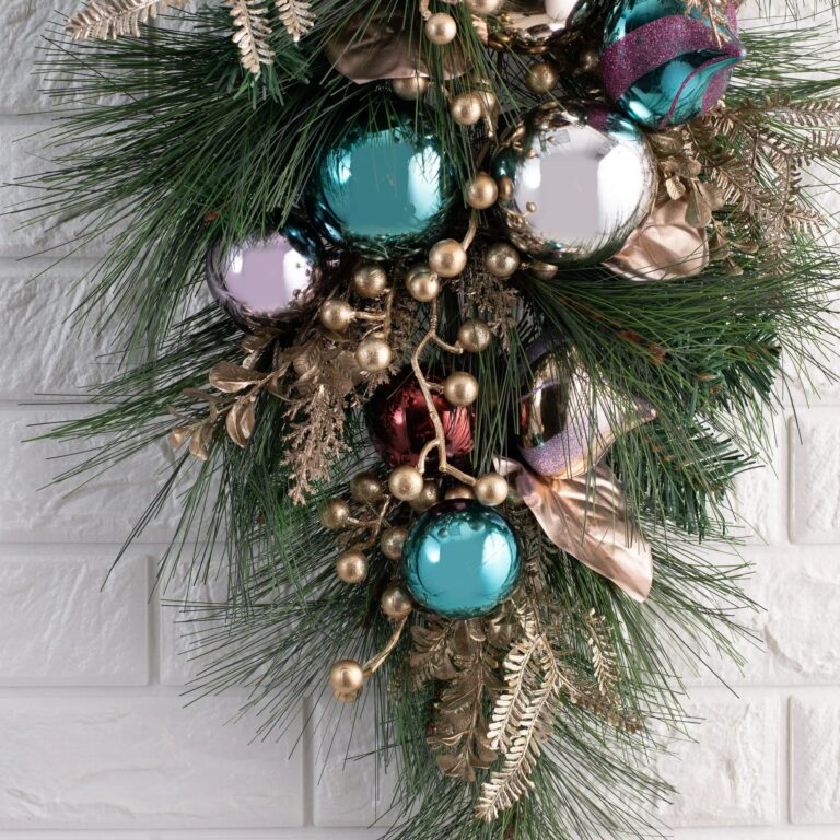 Close-up of swag tail detail on this Vintage Christmas Ornament Teardrop Swag Purple Shatterproof Ornaments