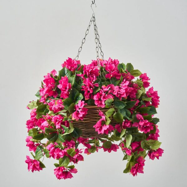 Cerise Bougainvillea In Rattan Basket Faux Floral Outdoor Spring and Summer Hanging Basket - Cerise