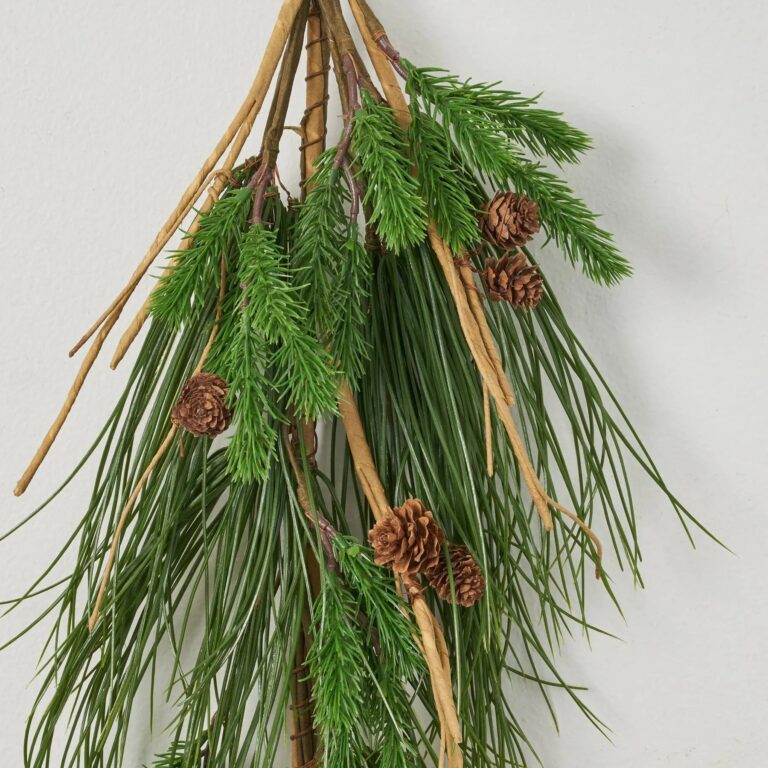 Close-up of swag tail detail on this Mixed Scotch and Island Pine Pine Teardrop Swag