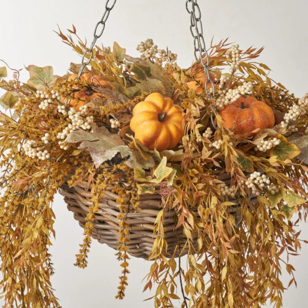 Close-up of swag tail detail on this Fall Harvest Pumpkin Hanging Basket Floral Arrangement Swag