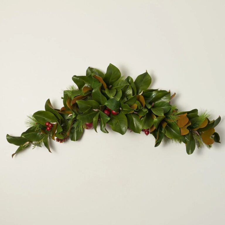 Real Touch Magnolia Leaf, Scotch Pine, and Faux Red Apple Classic Holiday Doorway Arched Swag