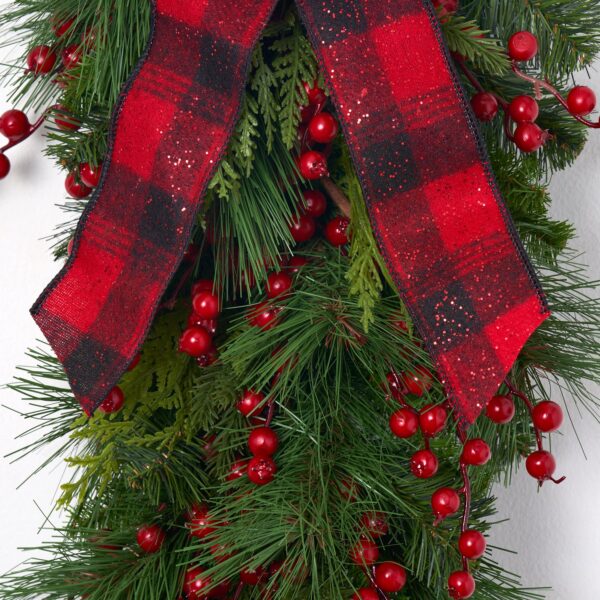 Close-up of swag tail detail on this Red Berry and Belgium Pine Plaid Glitter Bow