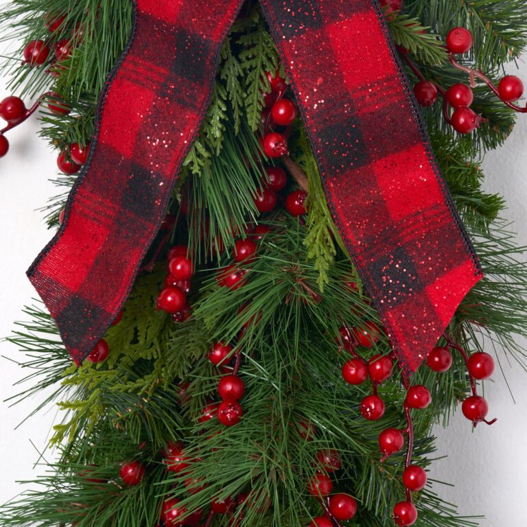 Close-up of swag tail detail on this Red Berry and Belgium Pine Plaid Glitter Bow