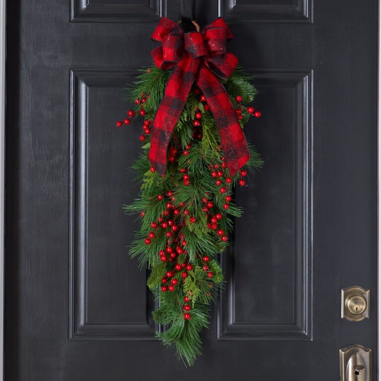 Red Berry and Belgium Pine Front Door Hanging Christmas Swag with Red Plaid Glitter Bow