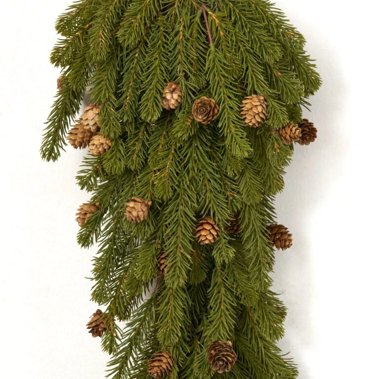 Close-up of swag tail detail on this Green Spruce and Miniature Pinecone Wrapped Fall Swag