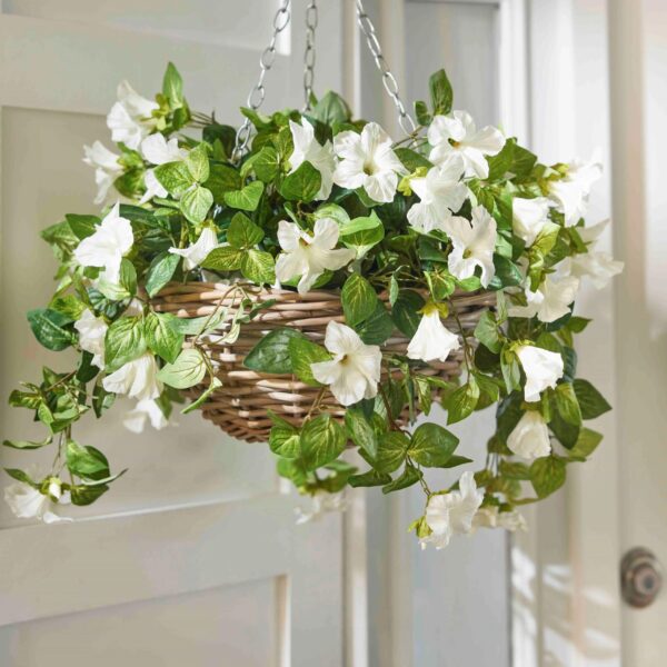 Cascading White Petunia Artificial Plant in Round Rattan Hanging Basket - Default Title