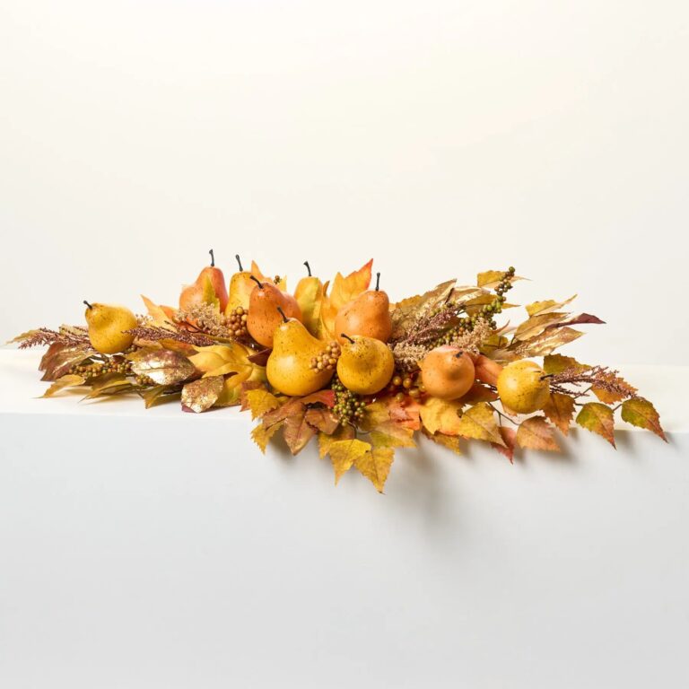 Golden Yellow Pear, Birch and Maple Leaf Flat Centerpiece Arrangement Decorative Fall Swag