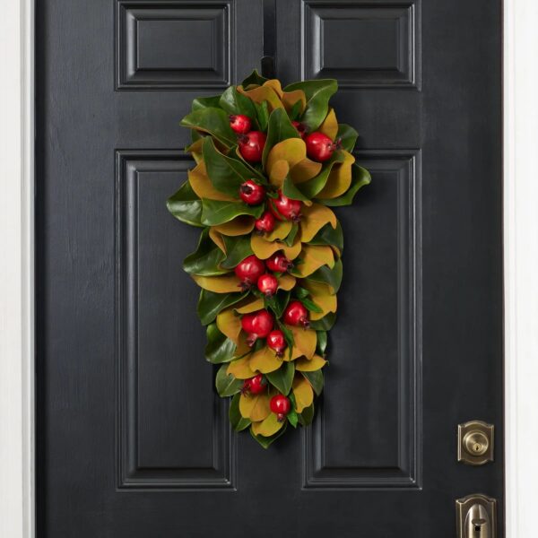 Real Touch Magnolia Leaf and Red Pomegranate Hanging Front Door Christmas Swag Holiday Wall Decor