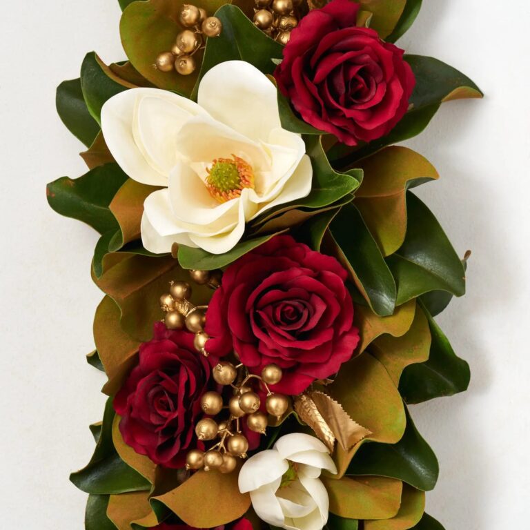 Close-up of swag tail detail on this Magnolia Majesty - Real Touch Hanging Christmas Swag