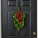 Christmas Berry and Boxwood Hanging Mini Swag with Red Velvet Silk Ribbon - Green and