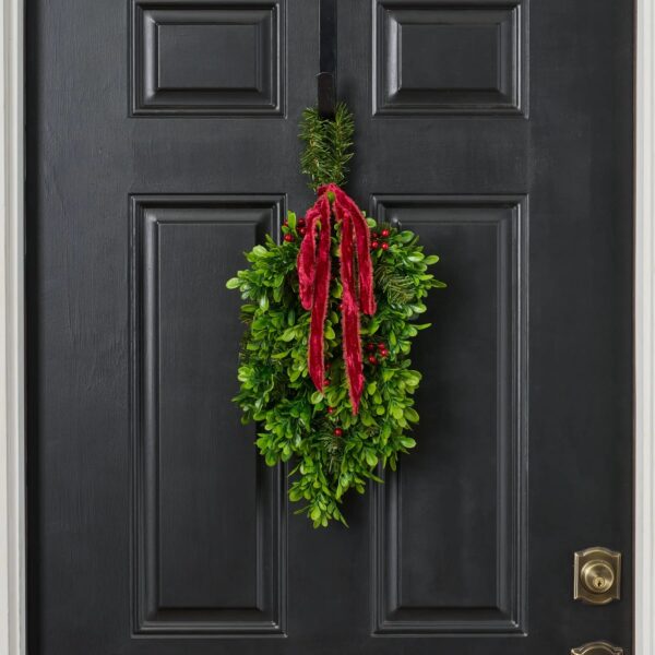 Christmas Berry and Boxwood Hanging Mini Swag with Red Velvet Silk Ribbon - Green and