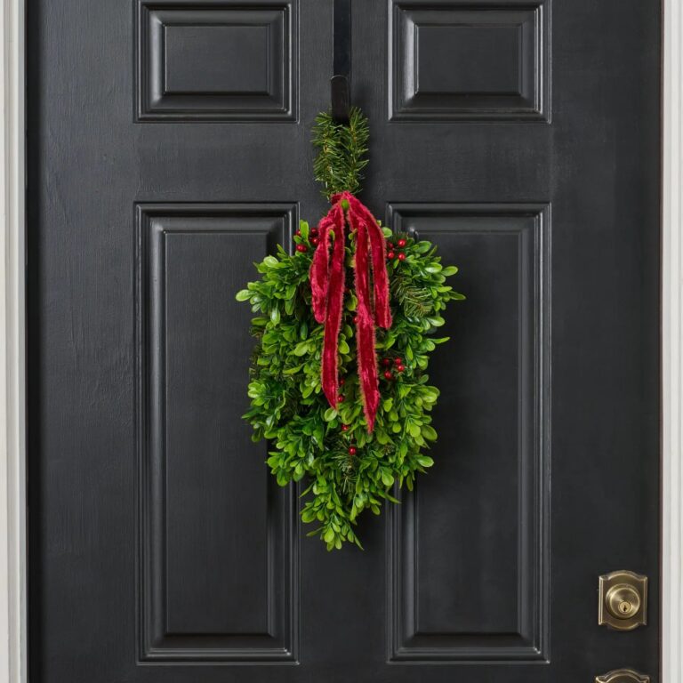 Christmas Berry and Boxwood Hanging Mini Swag with Red Velvet Silk Ribbon - Green and