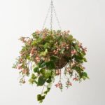 Pink Rosehip Berry and Green Pothos Leaf Spring Summer Faux Hanging Basket