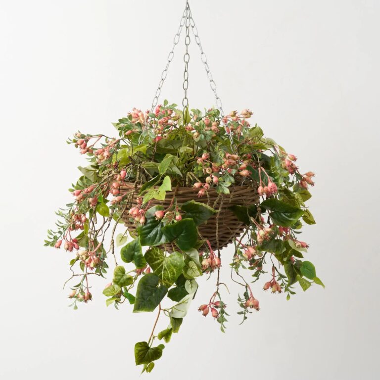 Pink Rosehip Berry and Green Pothos Leaf Spring Summer Faux Hanging Basket
