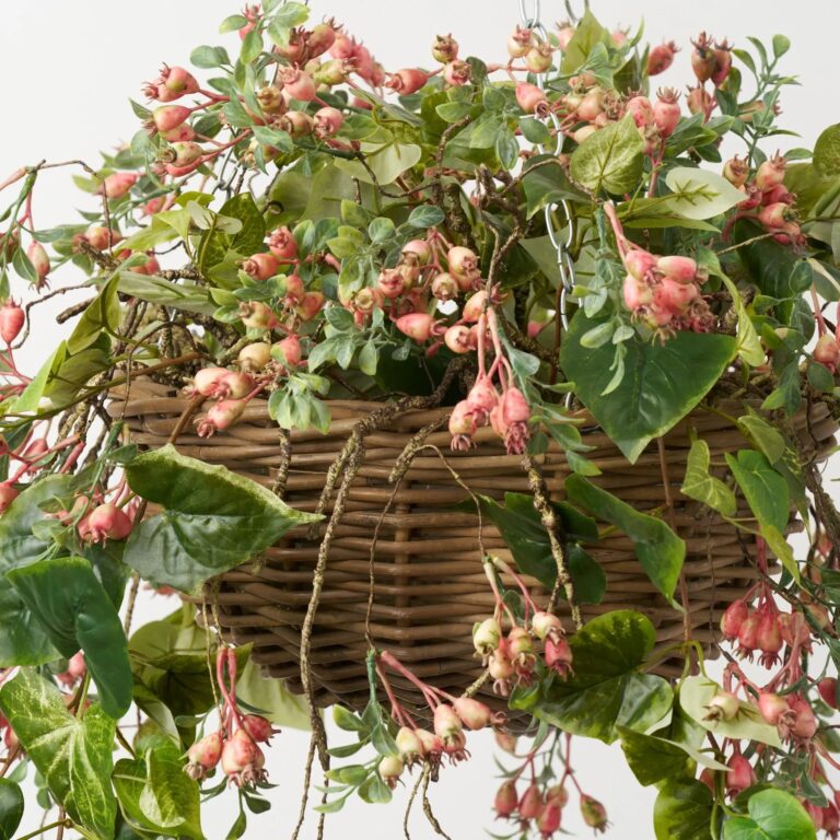 Close-up of craft detail close-up on this Pink Rosehip Berry and Green Faux Hanging Basket