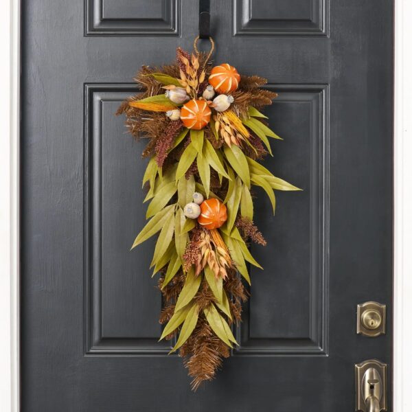 Wild Harvest - Faux Orange, Olive Green Eucalyptus and Wheat Fall Door Hanging Swag