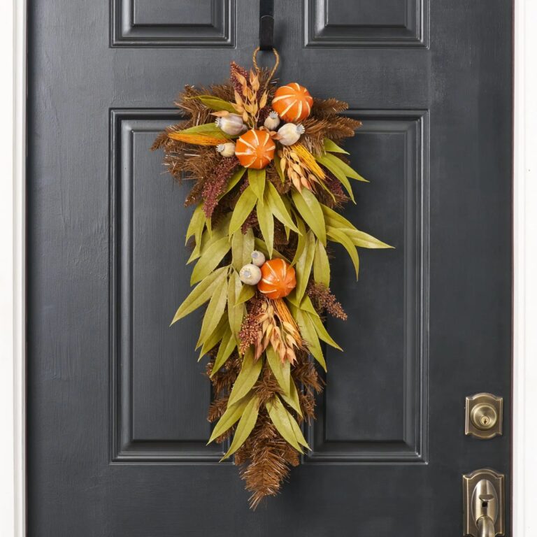 Wild Harvest - Faux Orange, Olive Green Eucalyptus and Wheat Fall Door Hanging Swag