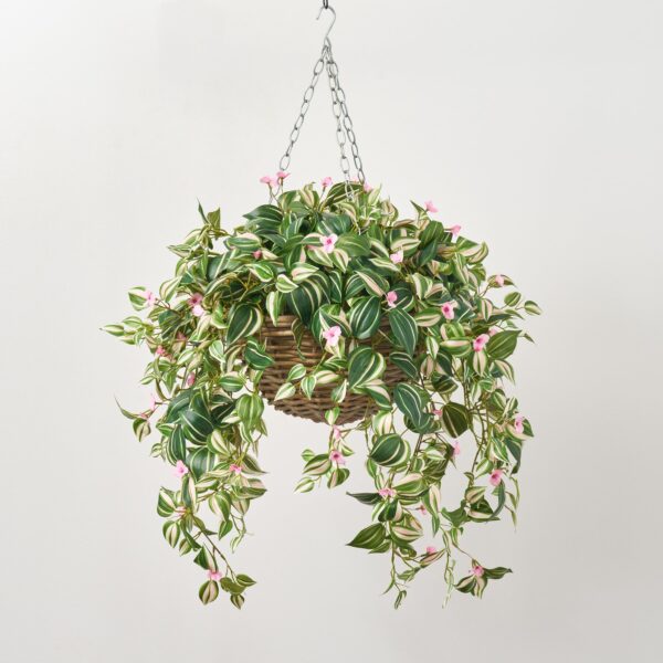 Flowering Wandering Dude in Rattan Basket Faux Floral Spring Summer Hanging Basket - Green and