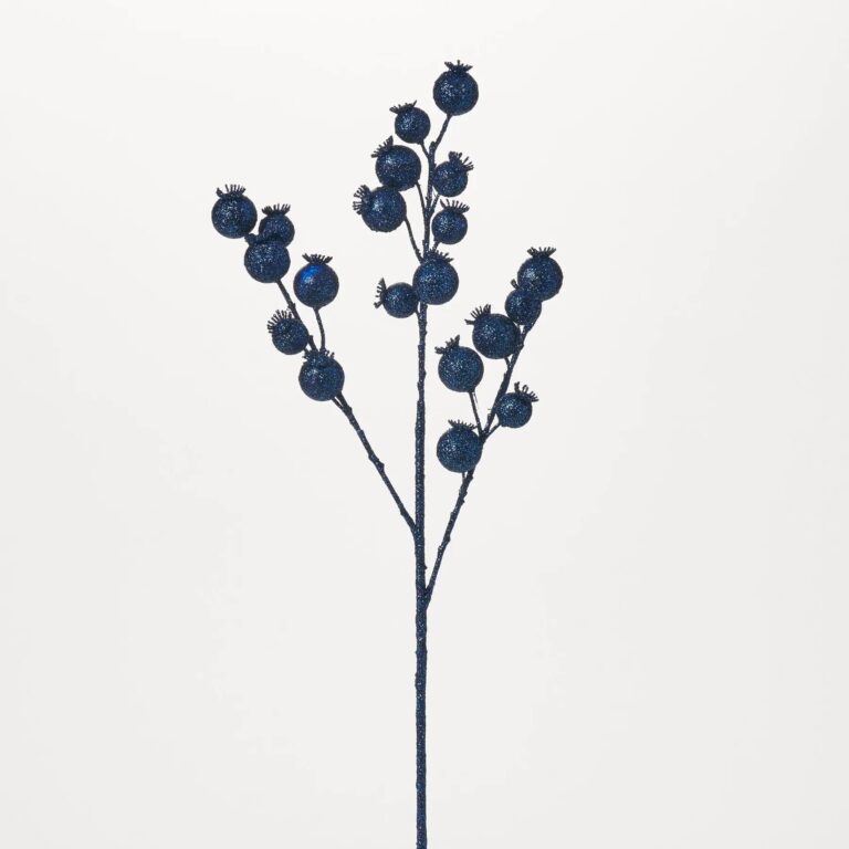 Close-up of bloom tips on this Waterproof Midnight Blue Glitter Berry Holiday Stem Spray