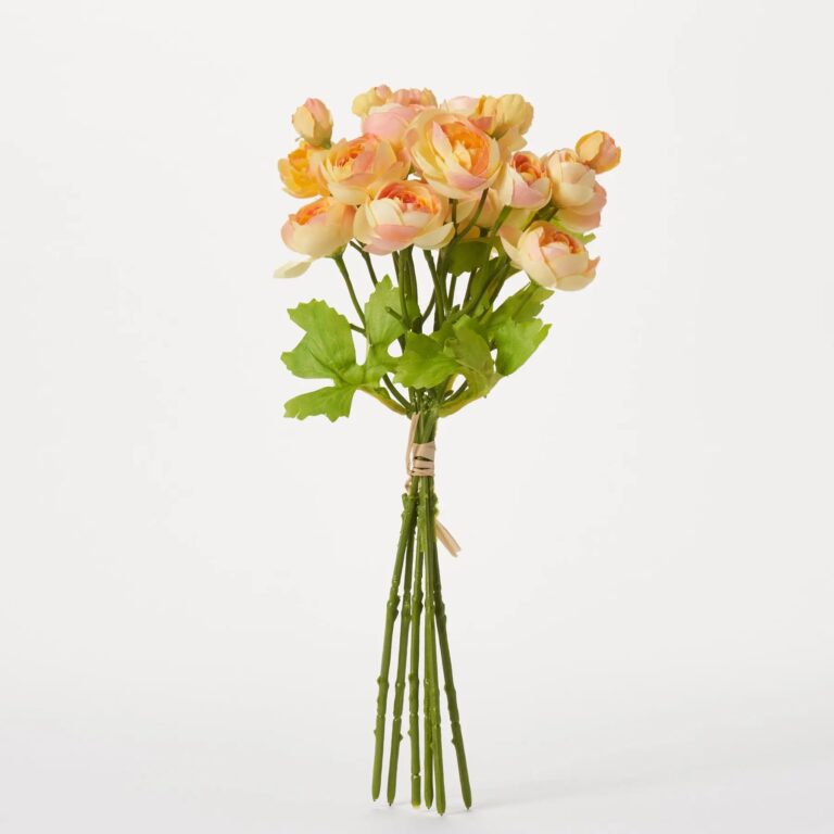 Yellow and Peach Multicolor Mini Silk Ranunculus Faux Floral Bush Stem Bouquet - 12 inch