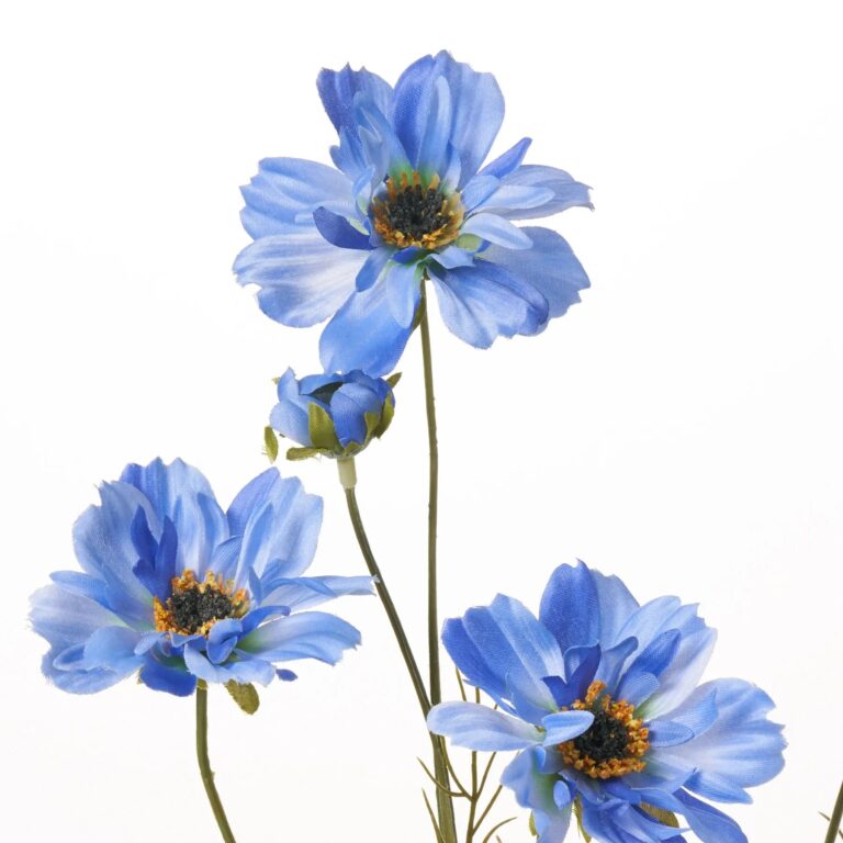 Close-up of bloom tips on this Sky Blue Silk Cosmo Blooms Faux Floral Spray
