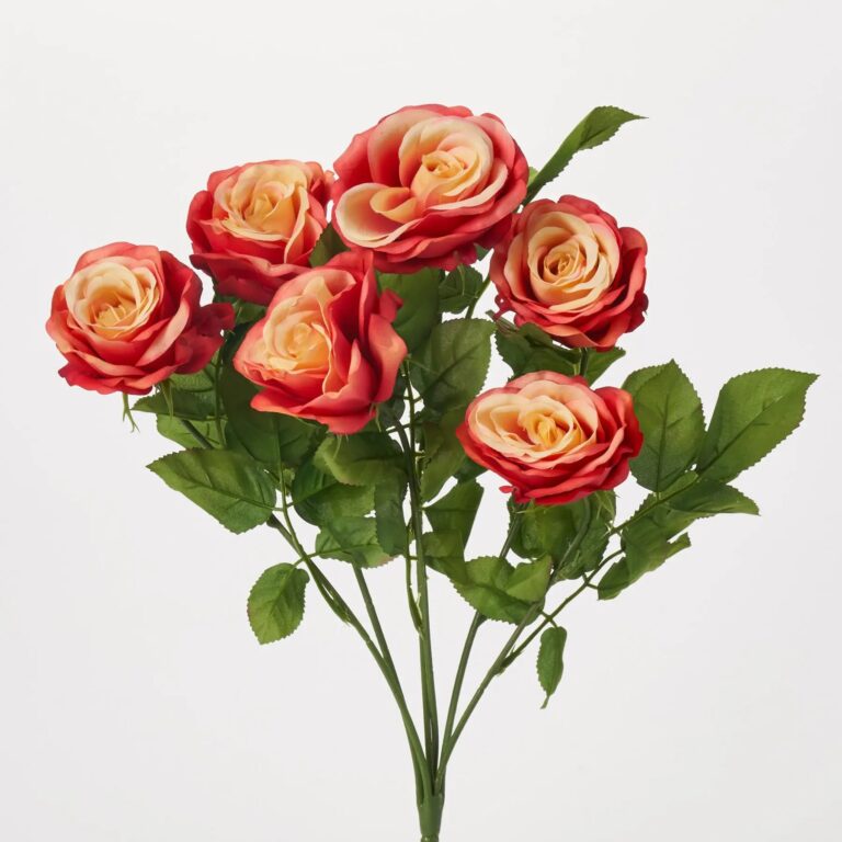 Two - Tone Coral Pink and Cream Rose Blooms Faux Floral Bouquet - 16 inch