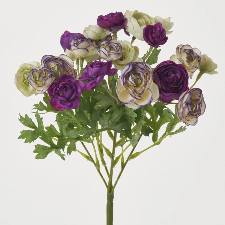 Multicolor Violet and Green Mini Ranunculus Faux Floral Bush Stem Bouquet - 10 inch