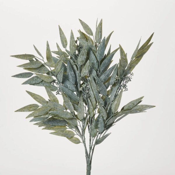 Close-up of bloom tips on this Dusty Green Faux Seeded Bay Leaf Bush Spray