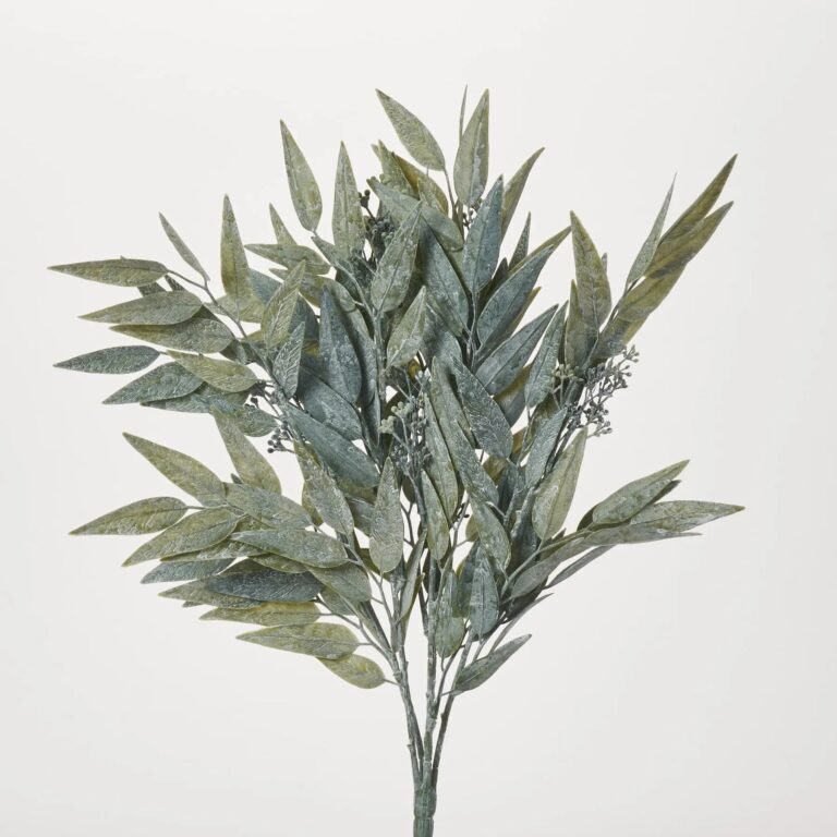 Close-up of bloom tips on this Dusty Green Faux Seeded Bay Leaf Bush Spray