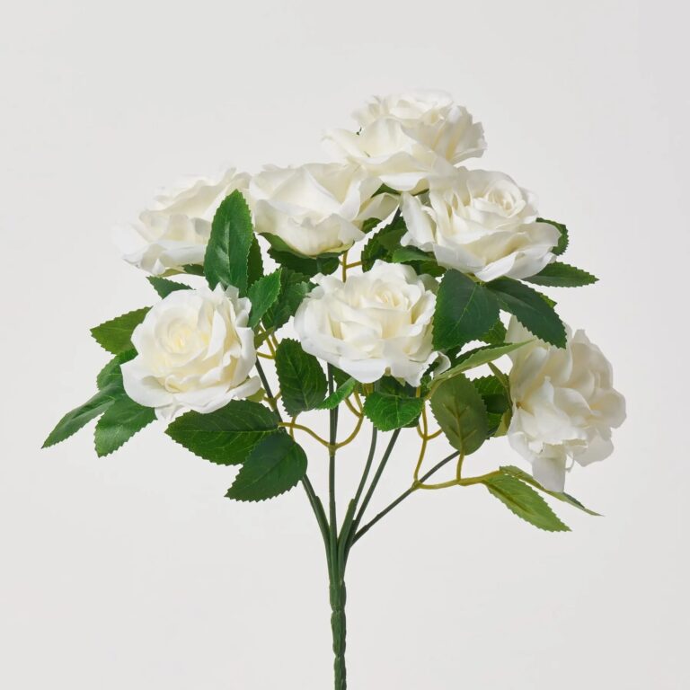 White Silk Rose Bush Stem Bouquet - 11 inch
