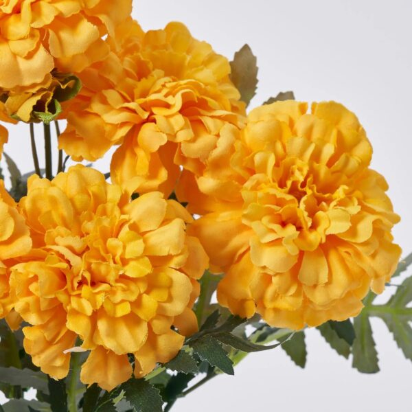 Close-up of bloom tips on this Yellow Silk Marigold Blooms Faux Bush Stem Bouquet