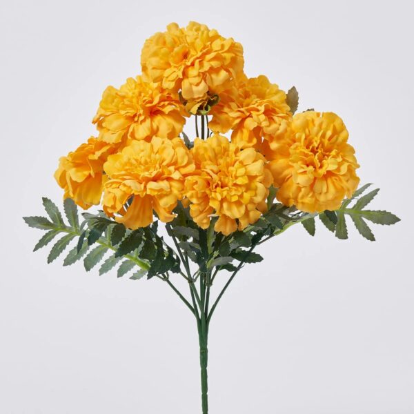 Yellow Silk Marigold Blooms Faux Bush Stem Bouquet - 12 inch