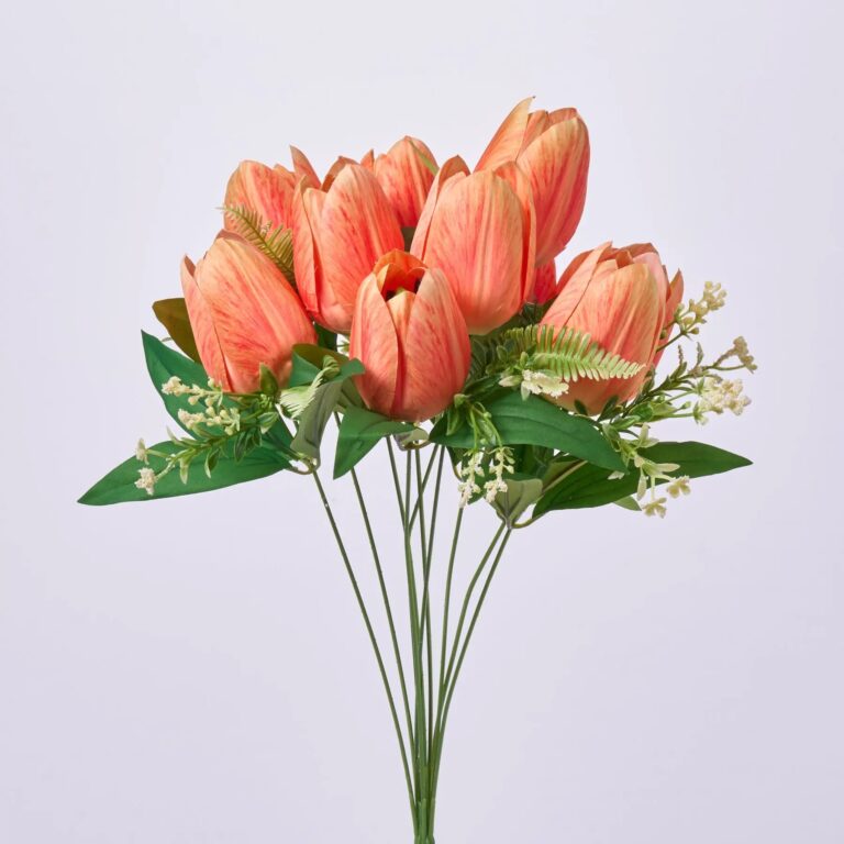 Orange Silk Tulip Bloom and Leaf Stem Bouquet Faux Floral Spray - 19 inch