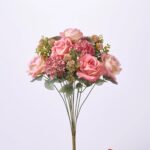 Silk Pink Hydrangea and Rose Blooms Faux Floral Bush Stem Bouquet - 19 inch