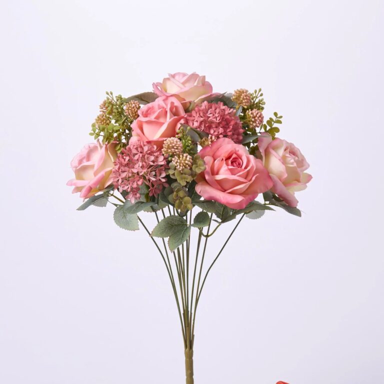 Silk Pink Hydrangea and Rose Blooms Faux Floral Bush Stem Bouquet - 19 inch