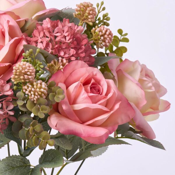 Close-up of bloom tips on this Silk Pink Hydrangea and Rose Bush Stem Bouquet